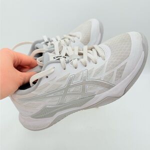 pair of ASICS Women's Gel-Tactic 12 indoor court shoes in white/pure silver